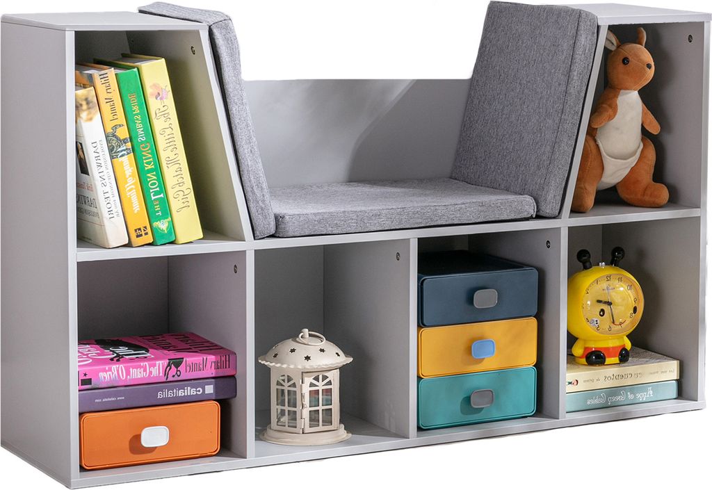 HOMCOM Kinderregal Bücherregal mit Sitzhocker Kindersitzbank mit 6 Fächern Sitztruhe mit 3 Kissen Spielzeugkiste ab 3 Jahren Grau 103 x 30 x 62 cm