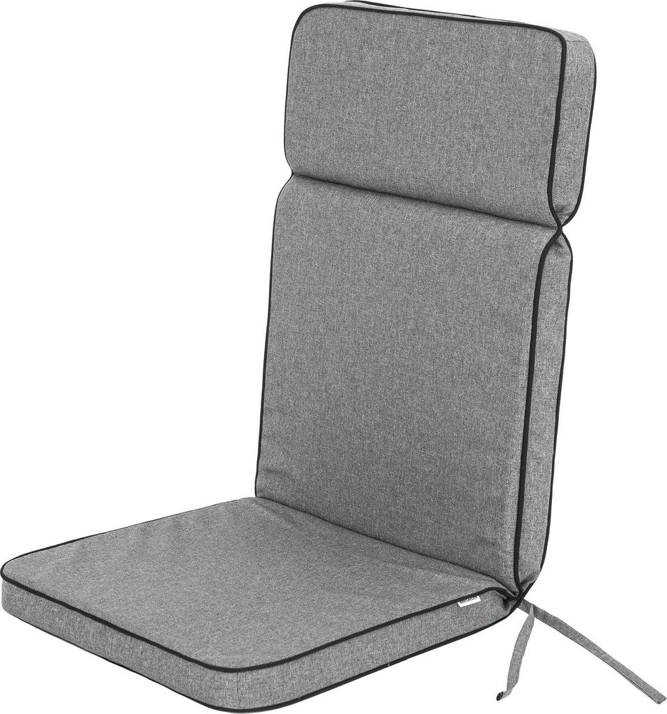 A grey chair cushion with black piping, shown from the front against a white background.
