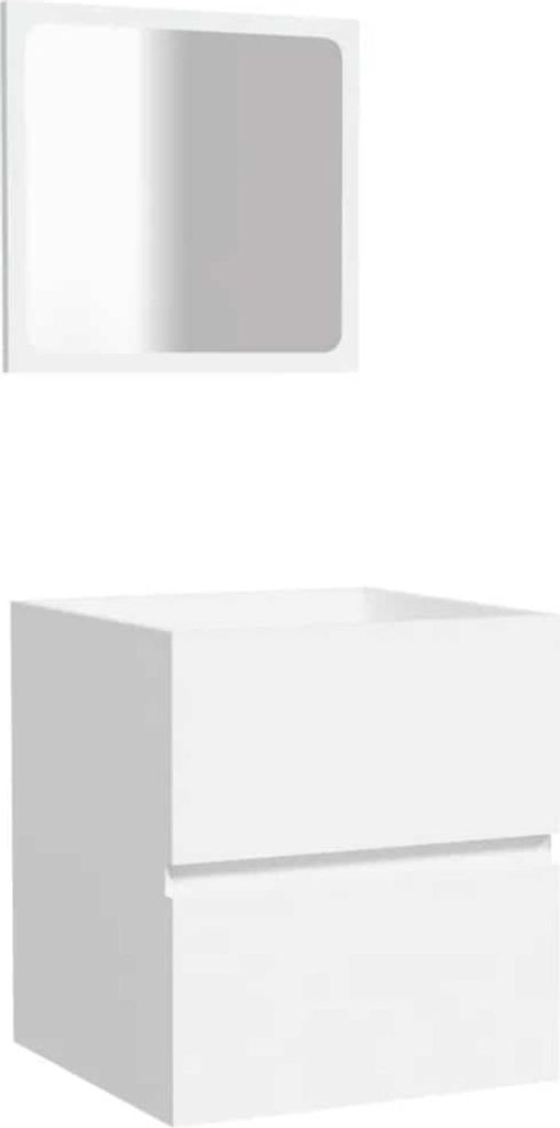 A white bathroom cabinet with a mirror above it, presented on a white background.