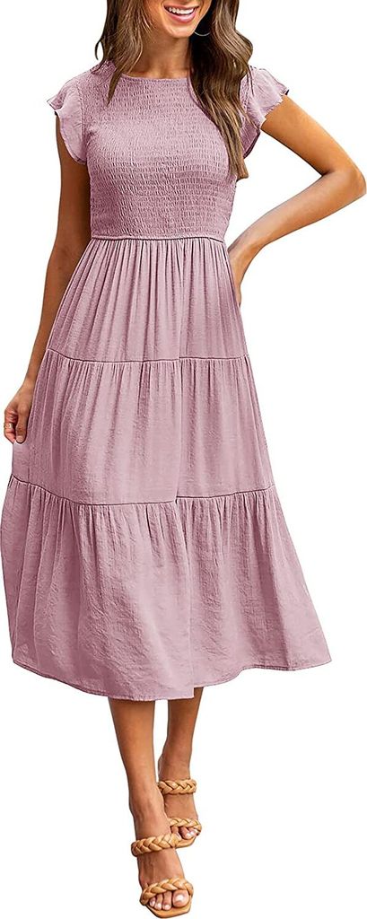 ASKSA Damen Elegant Kleid Maxikleid A-Linie Swing Boho Flatterärmel Kleider, Rosa, M