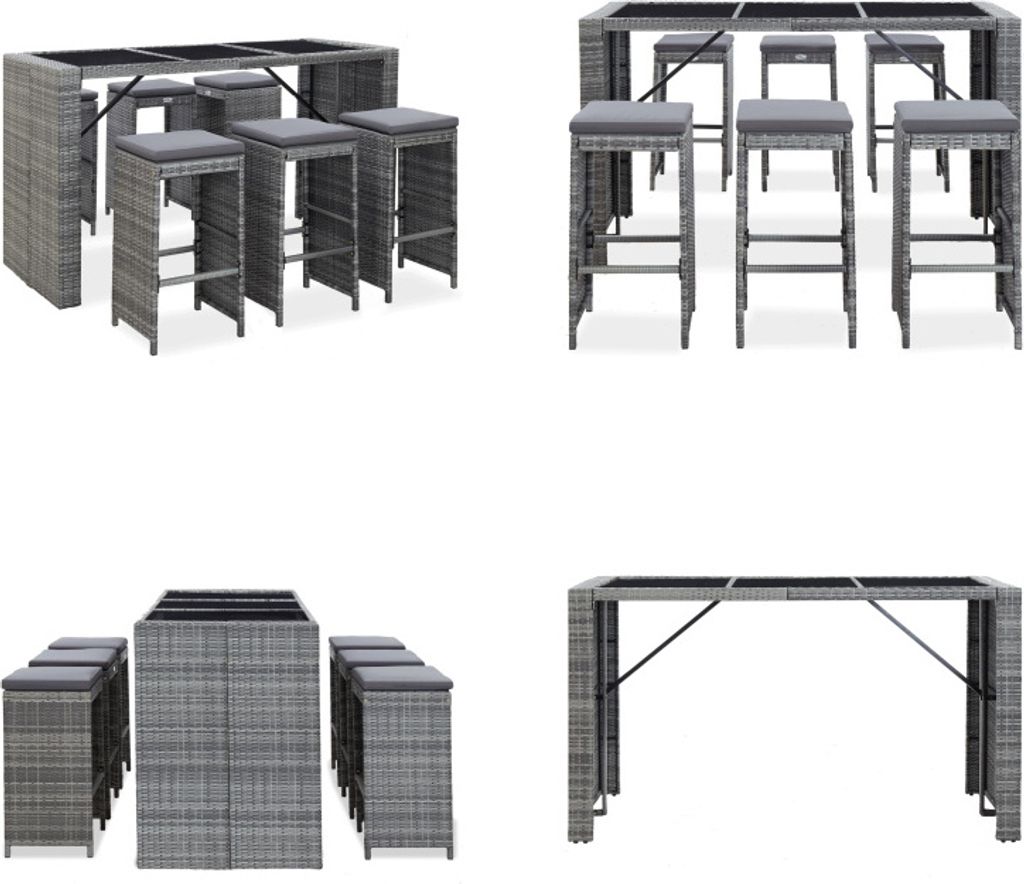 vidaXL 7 tlg. Gartenbar Set mit Auflagen Poly Rattan Grau - Gartenbar-Set - Gartenbar-Sets - Gartenmöbel - Bartisch Und Stühle