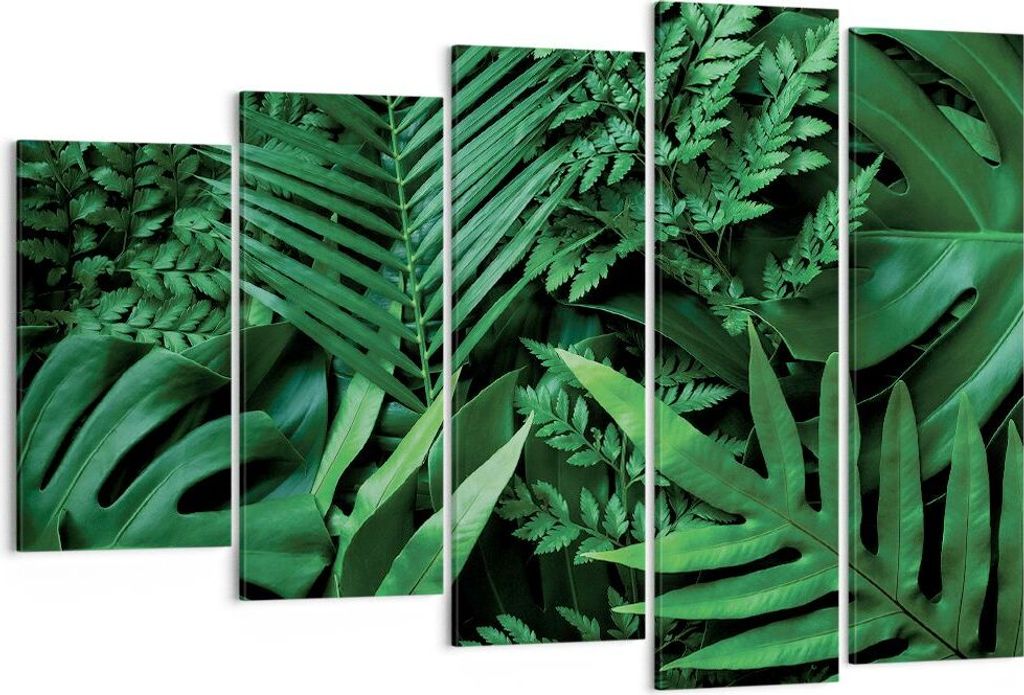 Bild auf Leinwand - Leinwandbild - 5 Teile - Exotisch Blätter Monstera - 150x100cm - Wand Bild - Wanddeko - Wandbilder - Leinwanddruck - Bilder - ...