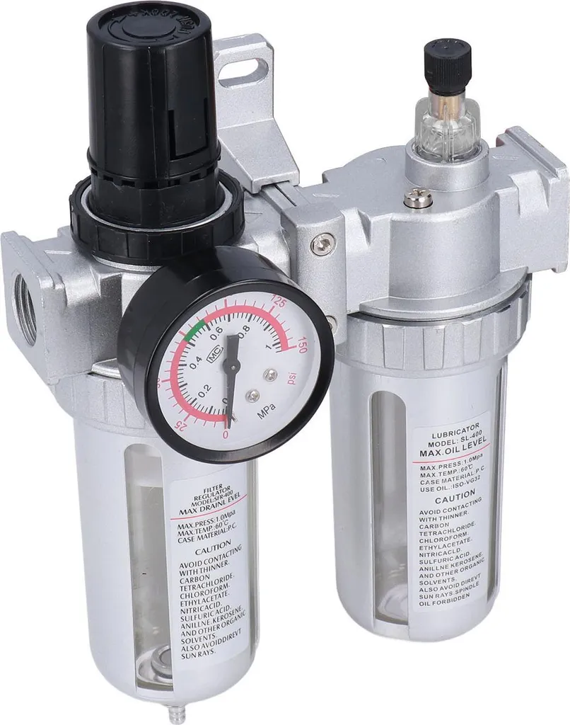 Filtre compresseur air G1/2 avec séparateur eau huile et manomètre 1 MPa