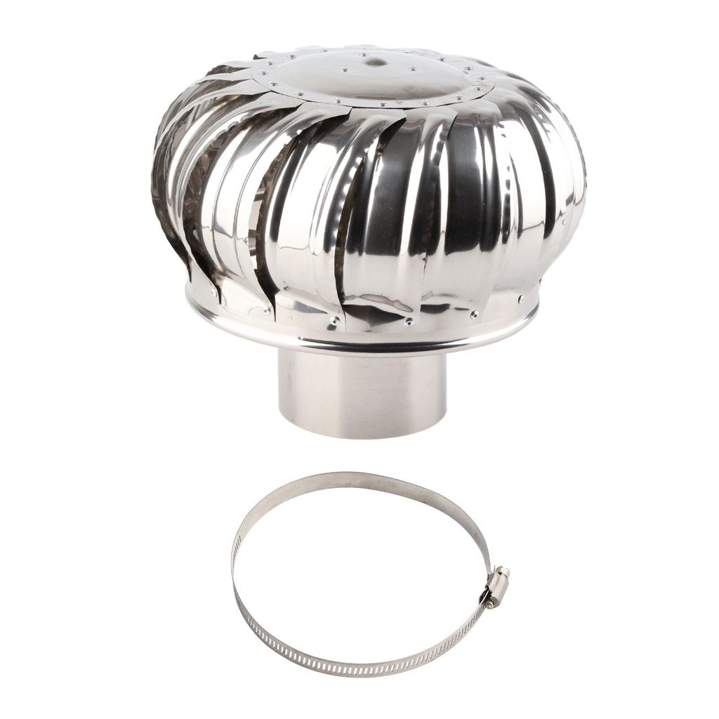 A stainless steel roof ventilator and a clamp are shown against a white background.