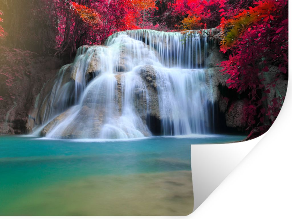 MuchoWow Wandtattoo Wandsticker Wandaufkleber Wasserfall - Bäume - Rot - Landschaft - Natur 120x90 cm Selbstklebend und Repositionierbar - Aufkl...