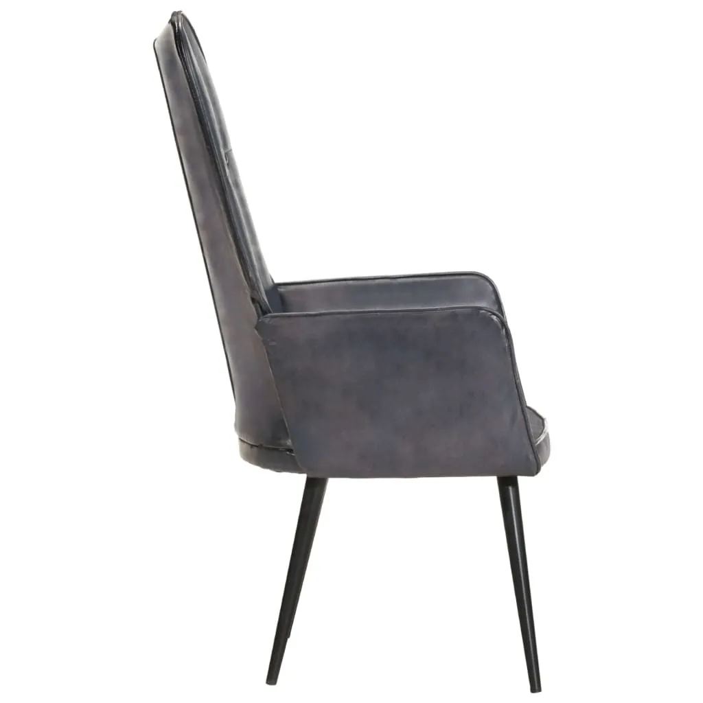 Fauteuil à oreilles Gris en cuir véritable - Fauteuil Bergère Chic 90cm