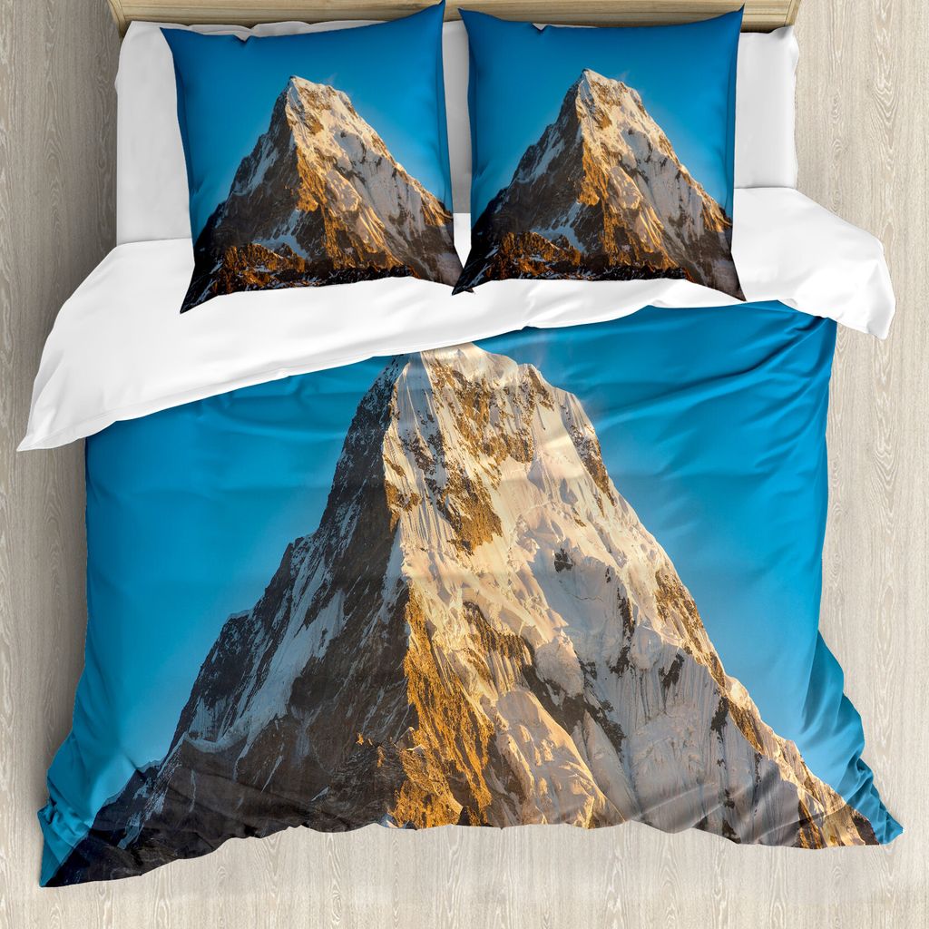 ABAKUHAUS Berg Bettbezug, Himalaya-Gebirge, Milbensicher Allergiker geeignet mit Kissenbezügen, 200 cm x 200 cm - 80 x 80 cm, blau, Braun,