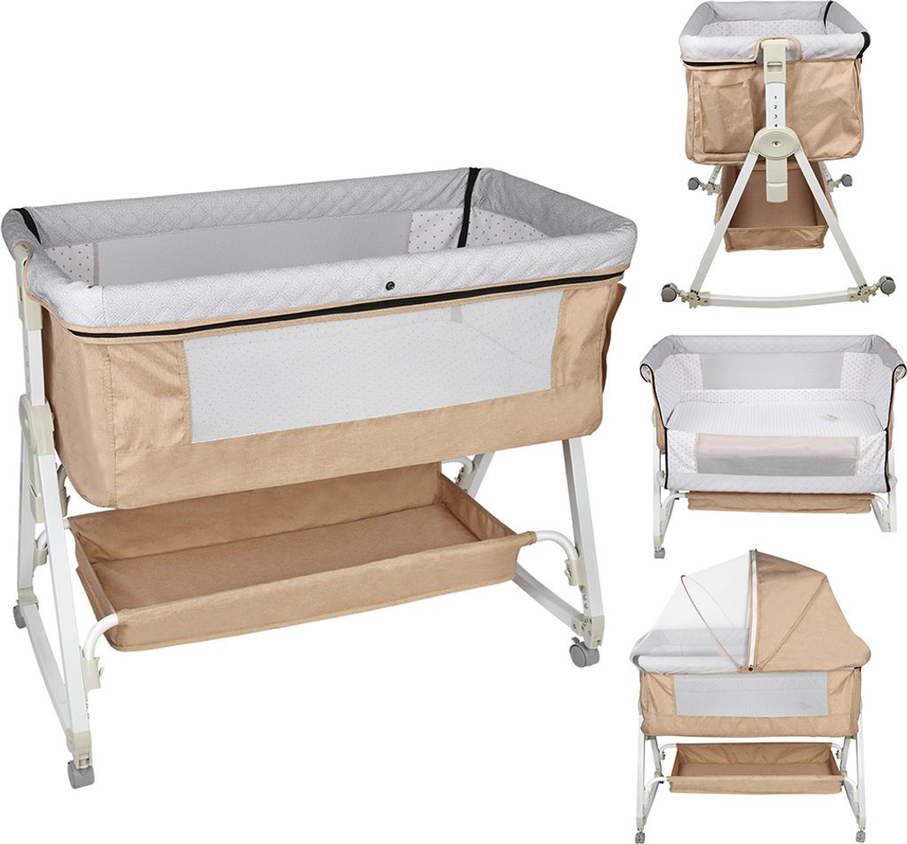Babybett Beistellbett Schaukelfunktion,6-stufige Höhenverstellung, mit Wickelauflage,Matratze Khaki