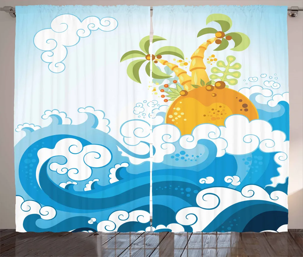 ABAKUHAUS Tenda rustica, onde e palme esotiche, tenda con passanti e ganci per camera da letto, 280 x 245 cm, multicolore