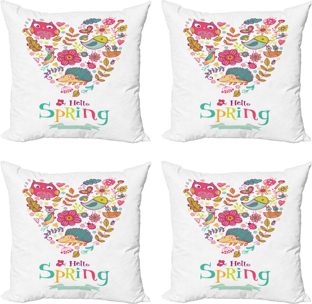 ABAKUHAUS Hallo Kissenbezug Set (4 Stück), Doodle Frühjahr Herz, Moderner Doppelseitiger Digitaldruck, 50 cm x 50 cm, Mehrfarbig