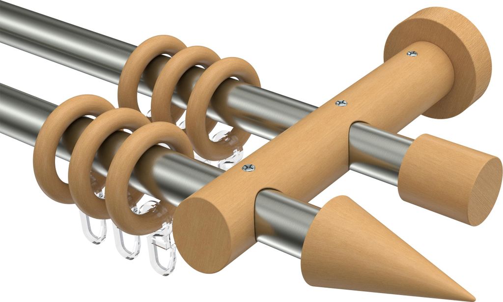 Interdeco Gardinenstange / Vorhangstange Edelstahl-Optik / Buche lackiert, Typ Talena Siveo (Kegel), 20 mm Ø 2-läufig, 100 cm