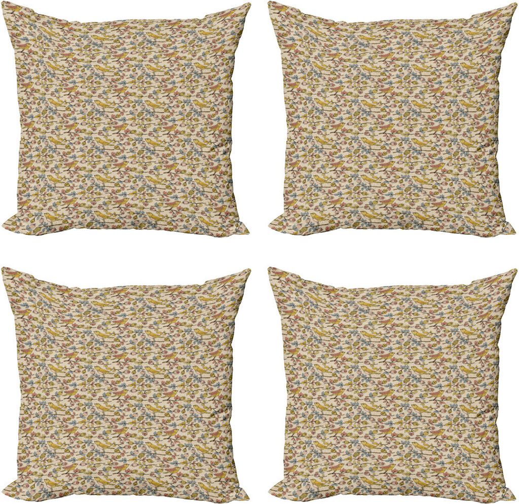 ABAKUHAUS Frühling Kissenbezug Set (4 Stück), Hockenden Vögel Baum-Zweige, Moderner Doppelseitiger Digitaldruck, 40 cm x 40 cm, Mehrfarbig