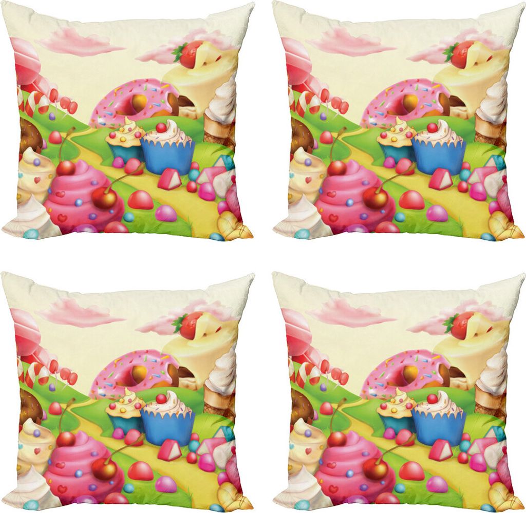 ABAKUHAUS Modern Kissenbezug Set (4 Stück), Yummy Donuts Land, Moderner Doppelseitiger Digitaldruck, 40 cm x 40 cm, Mehrfarbig
