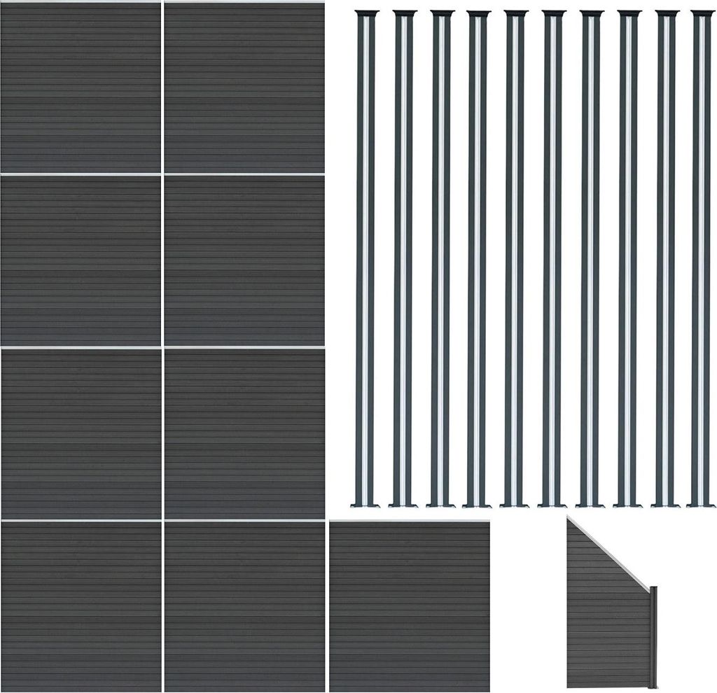 WPC Steckzaun x9, Eckstück x1 & LED Zaunpfosten x10, 1,85m Grau Gartenzaun