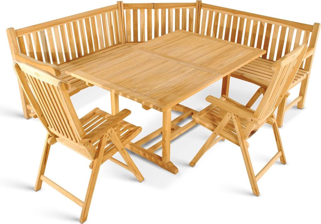 4tlg. Gartengruppe Kuba, Teakholz massiv, Garten-Set bestehend aus 1x Gartentisch 180-240 x 100 cm, 2X Hochlehner Aruba, 1x Eckbank, für Terrasse,...