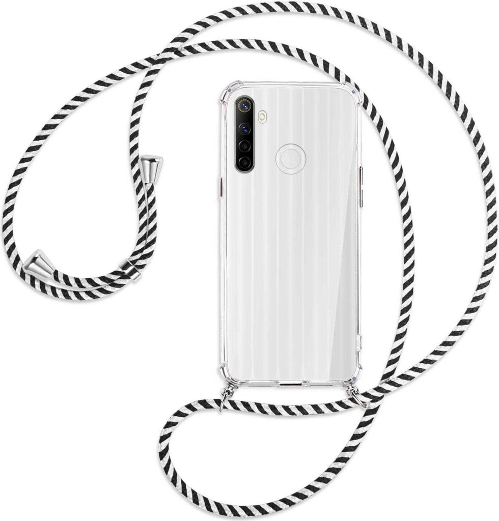 Handykette Backcover-Schutzhülle mit Band (Metall silberfarben) für Realme 6i - schwarz/weiß gestreift