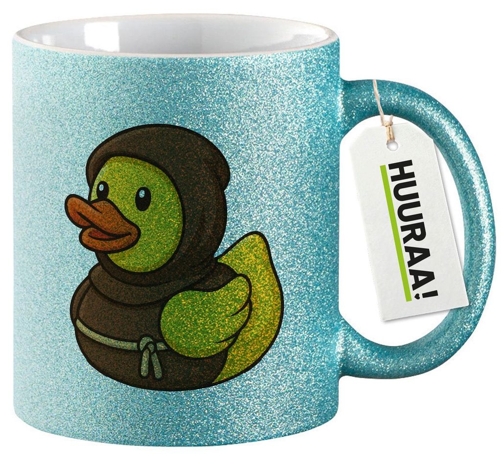 Huuraa Glitzertasse Quietscheente Mönch Gummiente Kloster 330ml Blau Keramik Kaffeebecher Geschenkidee