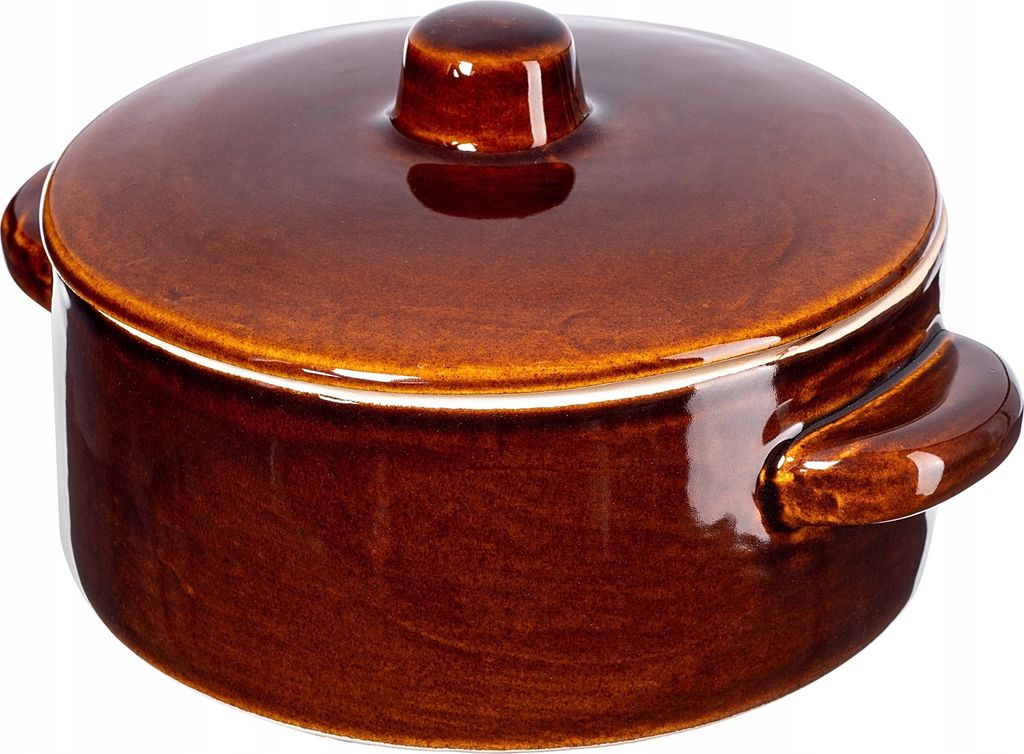 A brown ceramic pot with a lid and handles, shown from a slightly elevated side angle against a white background.