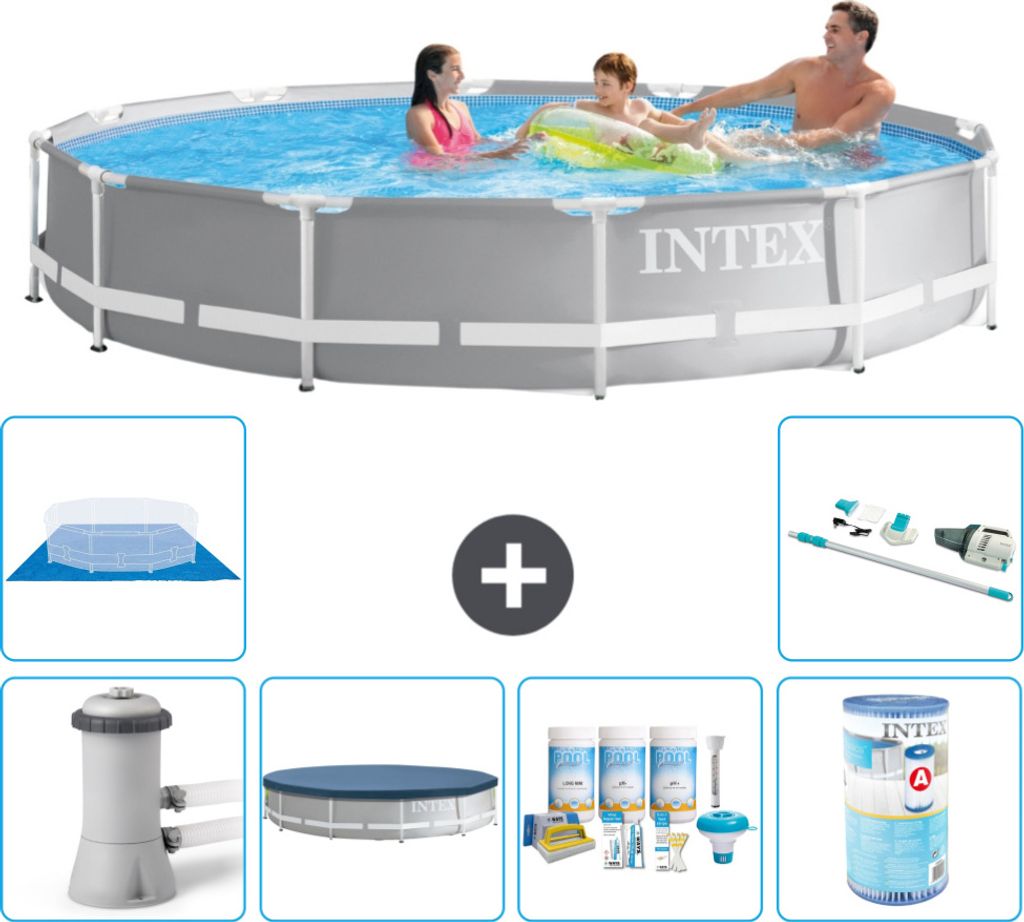 Intex Round Prism Frame Swimming Pool – 366 x 76 cm – Grau – inklusive Pumpe Abdeckung - Wartungspaket - Filter - Bodenplane - Staubsauger