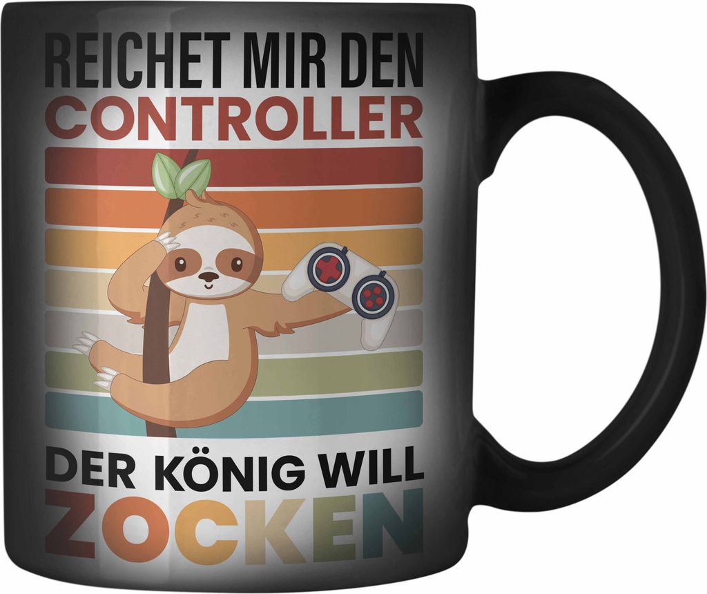 Trendation - Zocken Reichet Mir den Controller König Farbwechsel Zauber-Tasse Geschenk Gamer Jungs Jungen Geschenkidee Zocker Faultier Grafik (Sch...