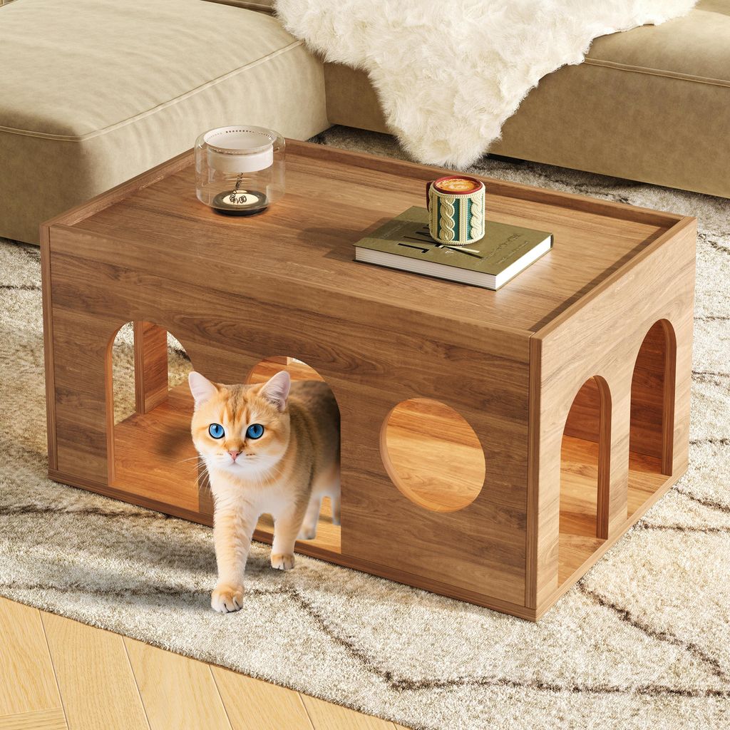 Sweiko Haustierfreundlicher Nussbaum-Couchtisch mit Katzenlöchern, 80x50x40 cm, natürliches Nussbaum-Finish – perfekt für modernes Wohnzimmer ...