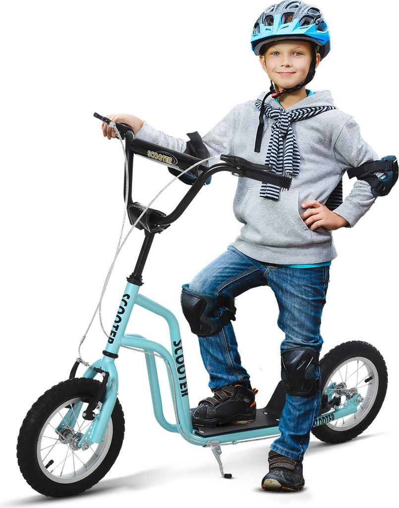 Kinderroller – Verstellbarer Lenker, Scooter / Tretroller, mit 12-Zoll-Luftreifen, ab 5 Jahren, Maße: 120 × 58 × 75–80 cm, Farbe: Blau.
