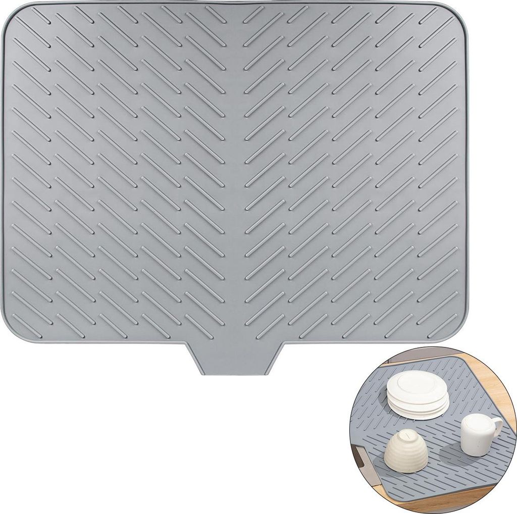 Silikon Abtropfmatte Küche 58x43 cm mit Ablauf, hitzebeständig & rutschfest, Abtropfmatte für Spüle & Arbeitsplatte, grau