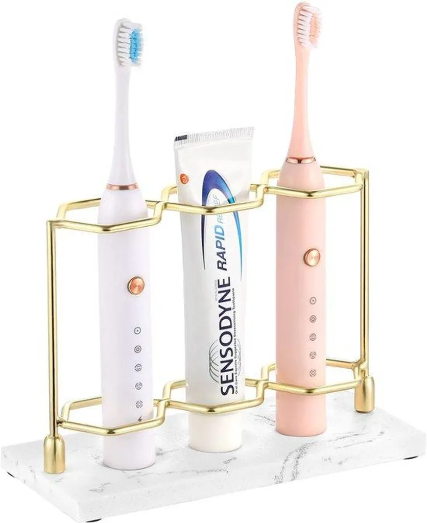 Porte-brosse à dents électrique 3 compartiments marbre blanc et doré