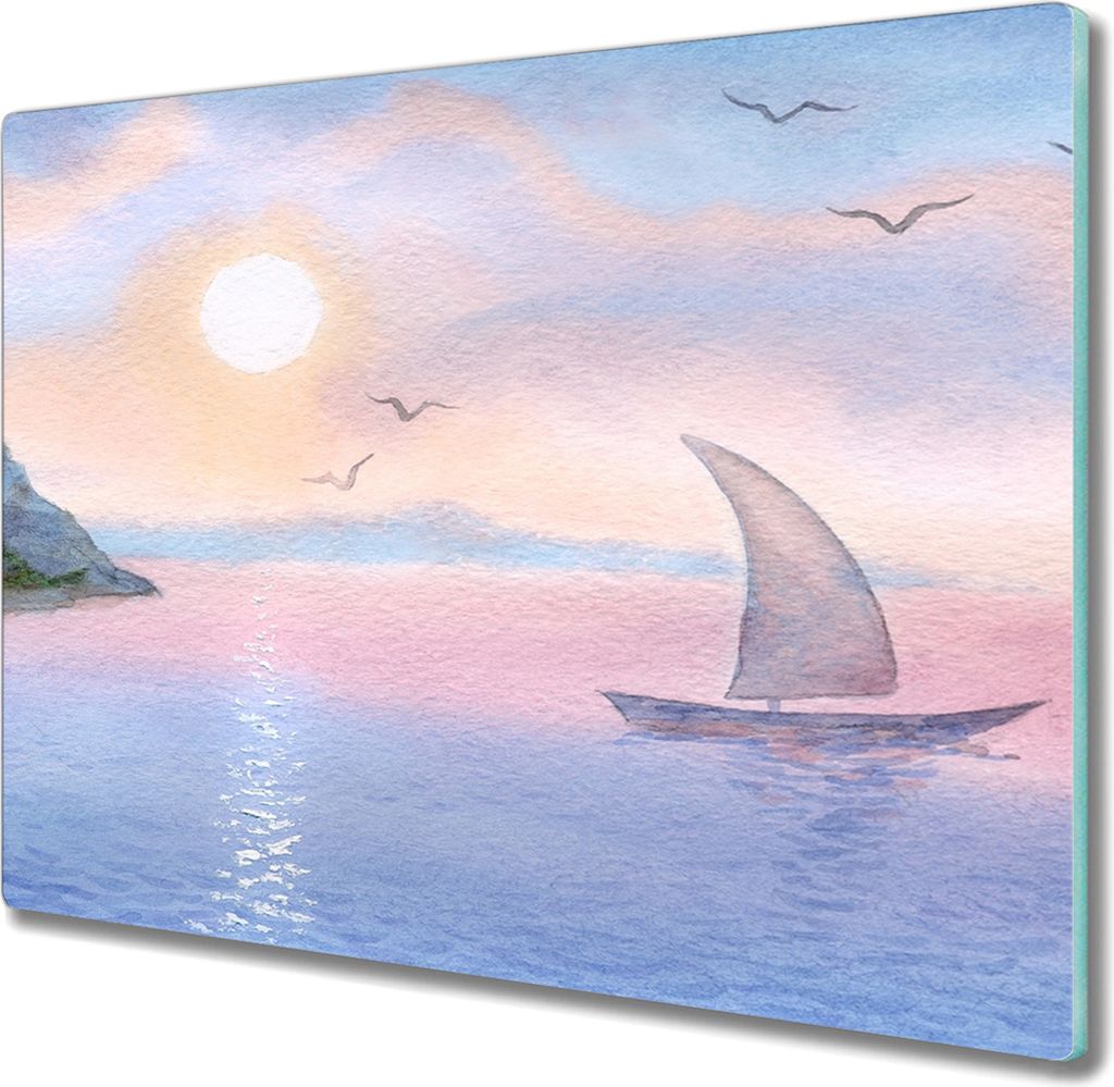 Coloray Herdabdeckplatte 60x52 cm Schneidebrett Kochplattenabdeckung Küchenbrett Hackbrett - Aquarellen Boot Meer