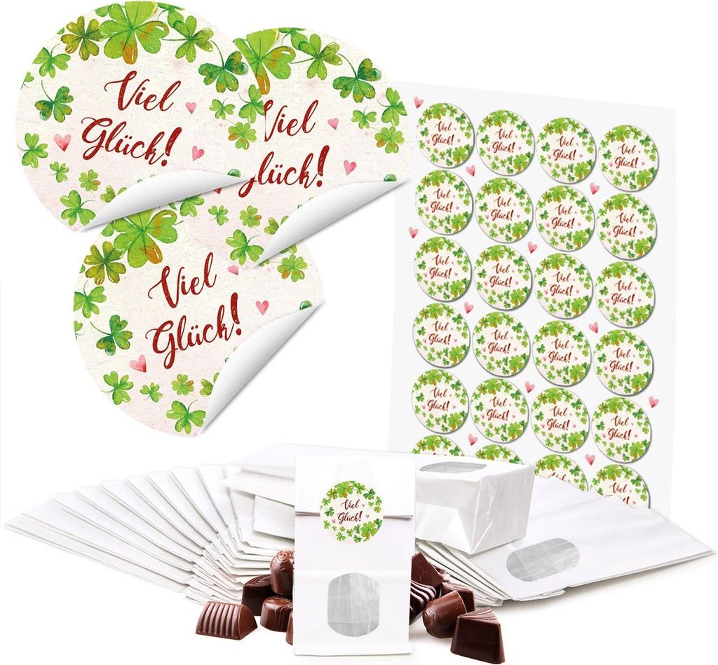 Weiße Blockbodenbeutel mit Sichtfenster + VIEL GLÜCK Aufkleber – 7 x 20,5 cmGrün, Weiß