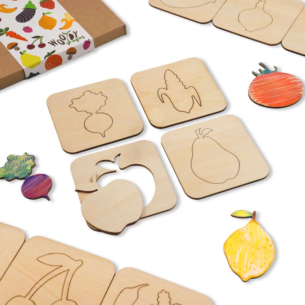 Holzschablonen zum Zeichnen für Kinder, Set mit 20 Stück 9,5x9,5cm Obst und Gemüse, Montessori Lernspielzeug Vorlagen Kreative