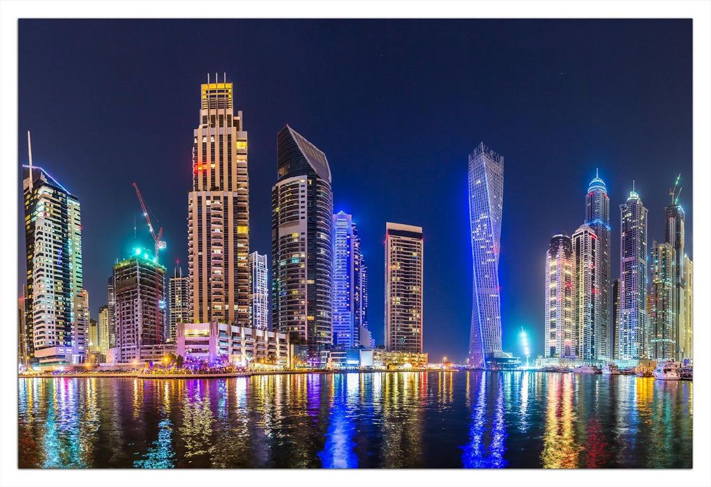 Wallario Poster - Skyline am nächtlichen Hafen, Kunstdruck Größe: 61 x 91,50 cm
