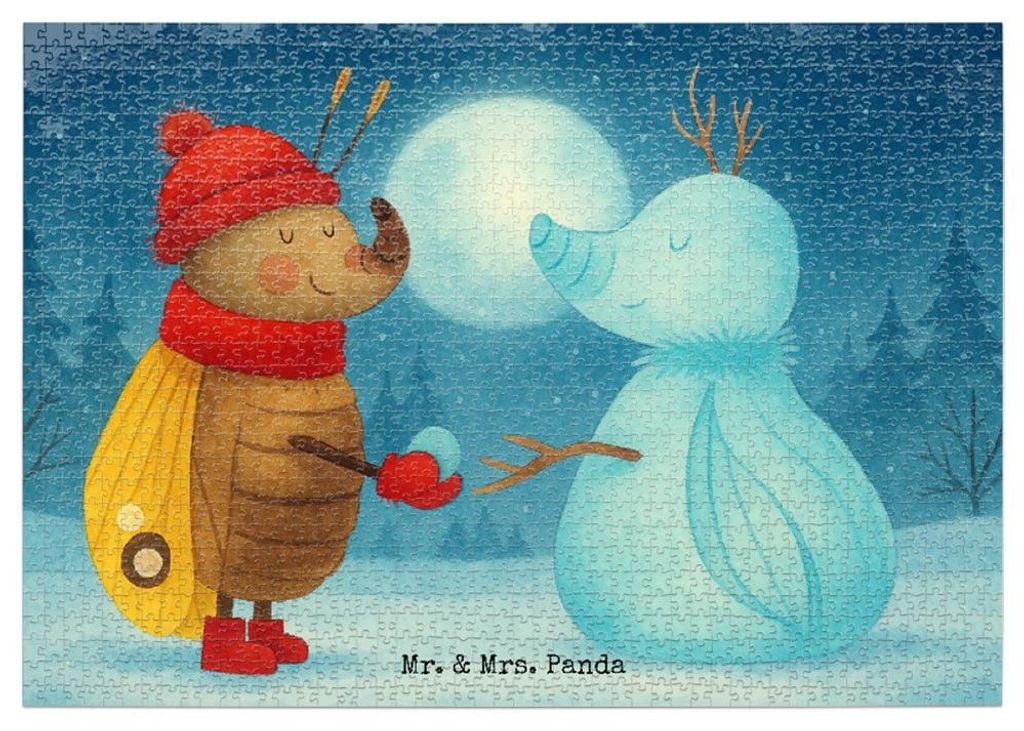 Mr. & Mrs. Panda Puzzle Nachtfalter Schneemann Design 1500 Teile - Weiß - Geschenk, Winter, Weihnachten, 500, Weihnachtsgruß, Schnee, Legespiel, ...