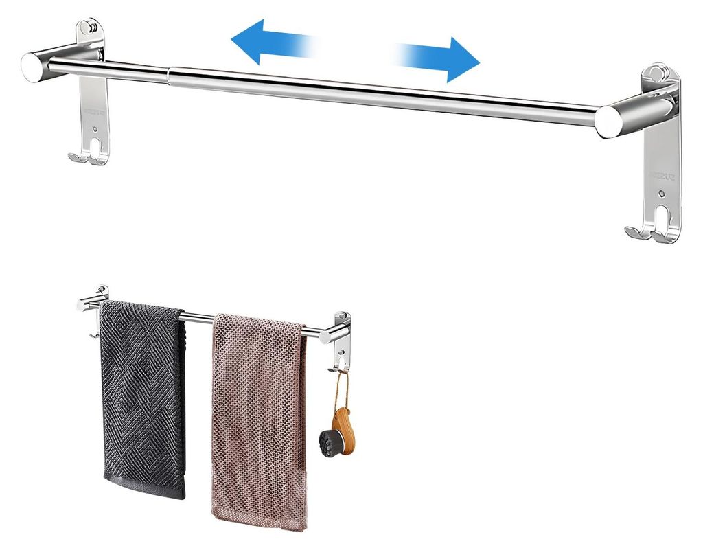 Handtuchstange Edelstahl Ausziehbar 43–75cm, Handtuchhalter mit Haken Schrauben Kleber, Silber Wandmontage Badetuchhalter Handtuch Halterung für...