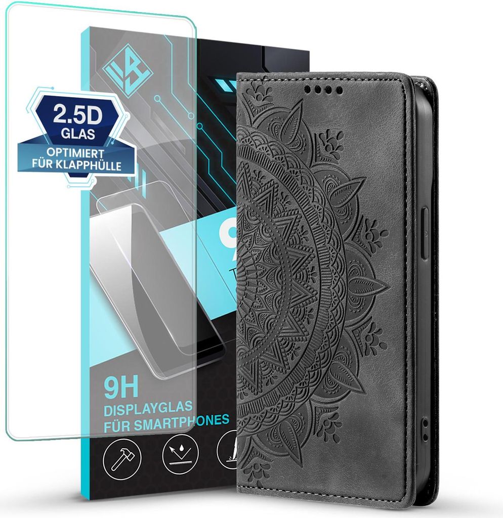 Mandala Handyhülle für Apple iPhone 17 Air RFID Schutz Klapphülle Case Cover Design Schutzhülle mit 9H Displayglas Farbe: Schwarz