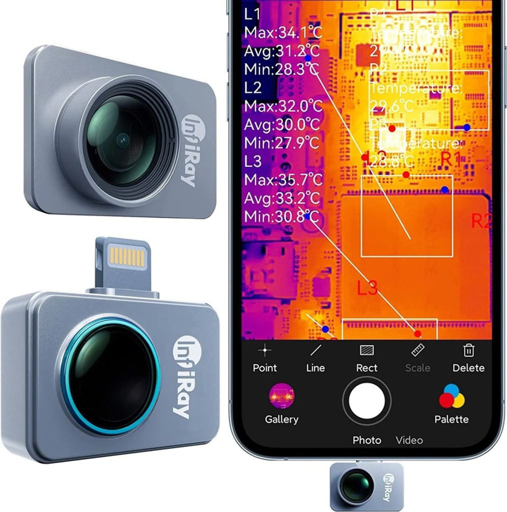 A collage of an InfiRay thermal camera and a smartphone displaying thermal imaging data.