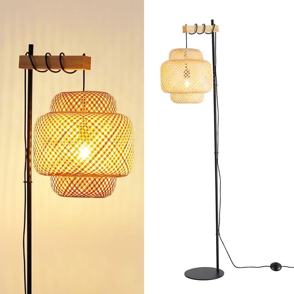 "ANJA" Lampadaire en bois et osier avec abat-jour en Image du produit 