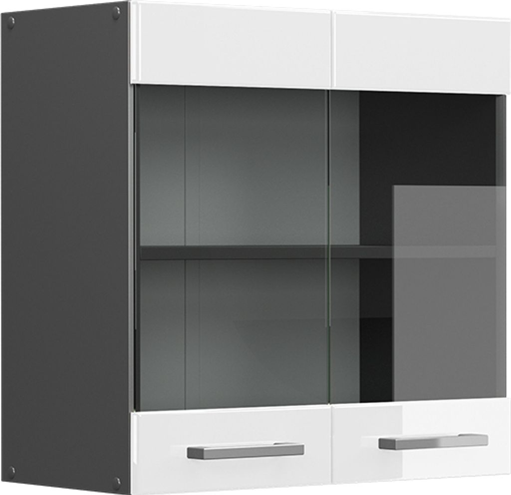 A wall-mounted cabinet with glass doors and drawers.