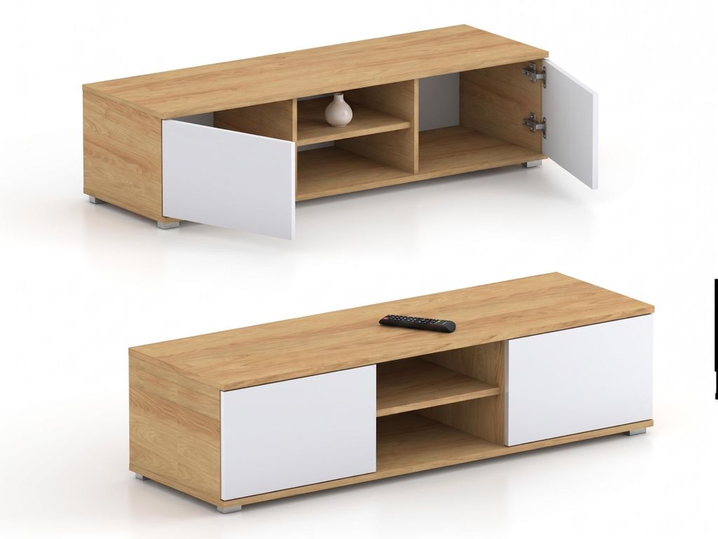 Fernsehtisch 120 cm Breite | TV-Board in Hikora + Weiss | Kompaktes TV-Möbel mit Stauraum & silbernen Füßen, für moderne Wohnzimmer