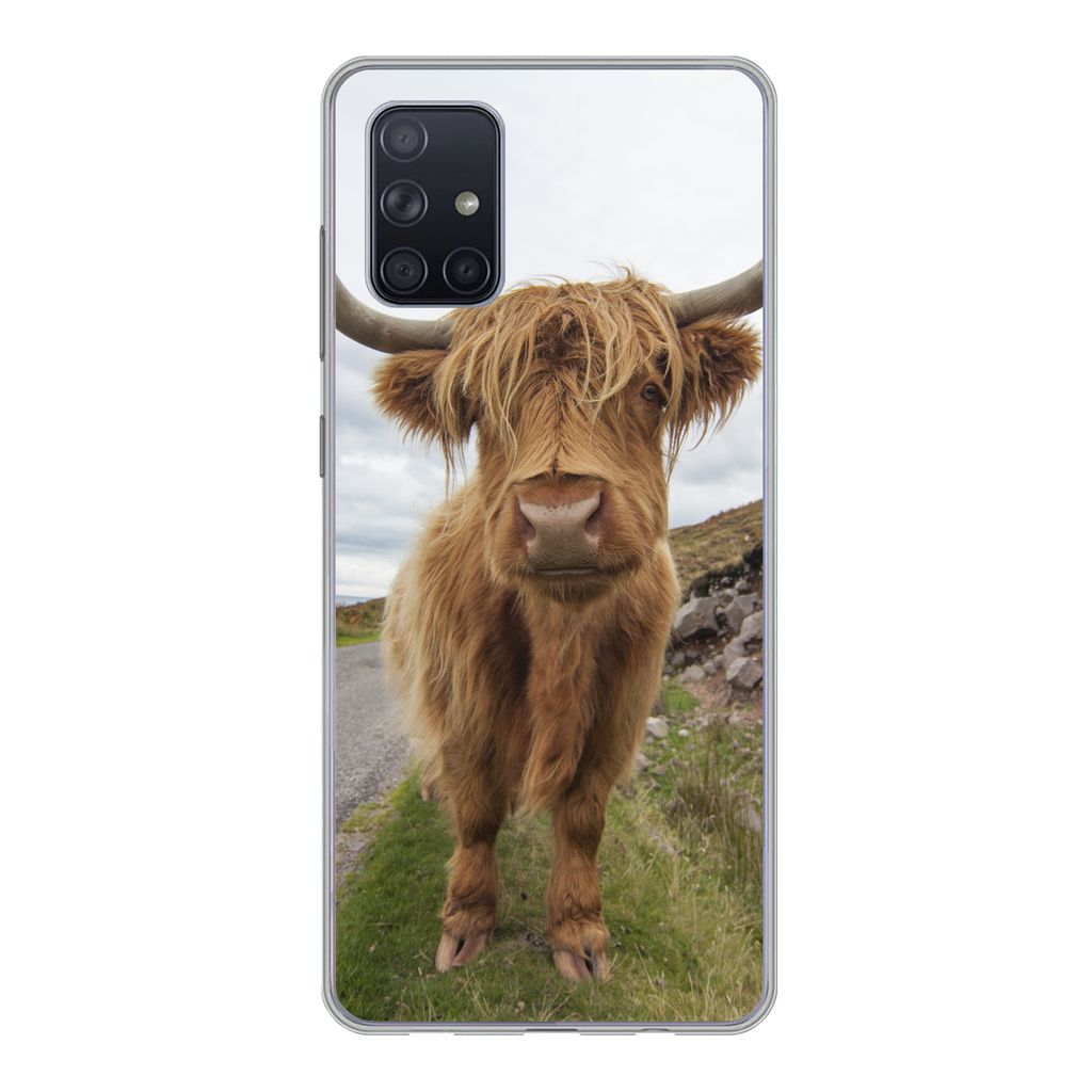 MuchoWow Handyhülle Schutzhülle Hülle für Samsung Galaxy A51 Schottischer Highlander - Hörner - Berg Silikon Softcase Handy Hülle - Schutza...
