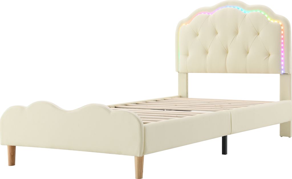 Polsterbett 90x200cm Einzelbett (Ohne Matratze) PolyurethanWeiß Kinderbett Holzbett Wellenförmiges Kopfteil Mit Zugpunktleiste Mit wechselnden LE...