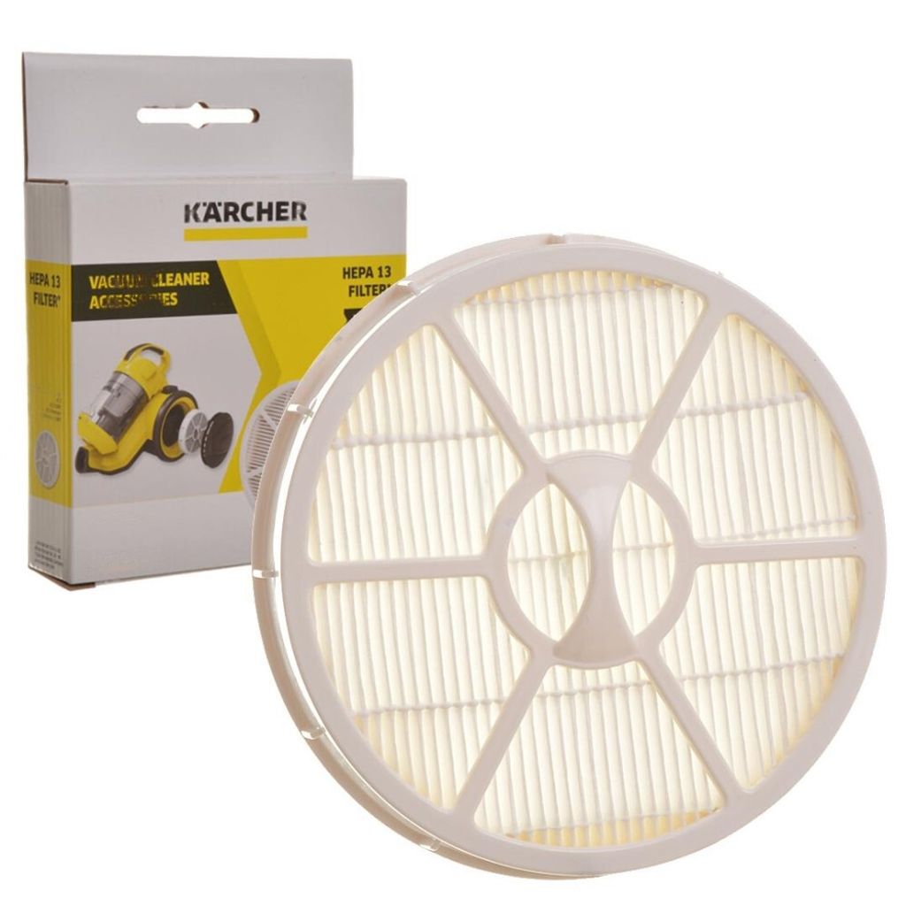 A Kärcher HEPA 13 filter and its packaging are shown against a white background.