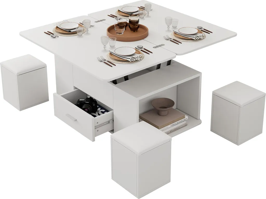 Sweiko Table Basse Réglable en Hauteur et Mobile avec 4 Tabourets Blanc - 5
