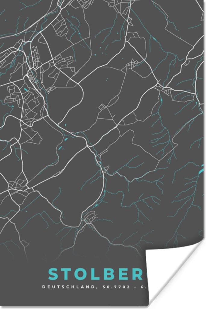MuchoWow Poster Karte - Stolberg - Blau - Stadtplan - Deutschland 20x30 cm - Papierdruck