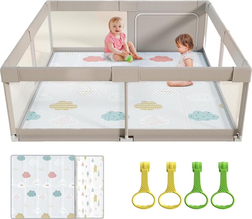 Laufgitter Baby mit Matte - 150x150 cm XXL Laufstall Baby Playpen, Mittelgrau, Oxford, Stahl, 1,5 m, 1,50 m