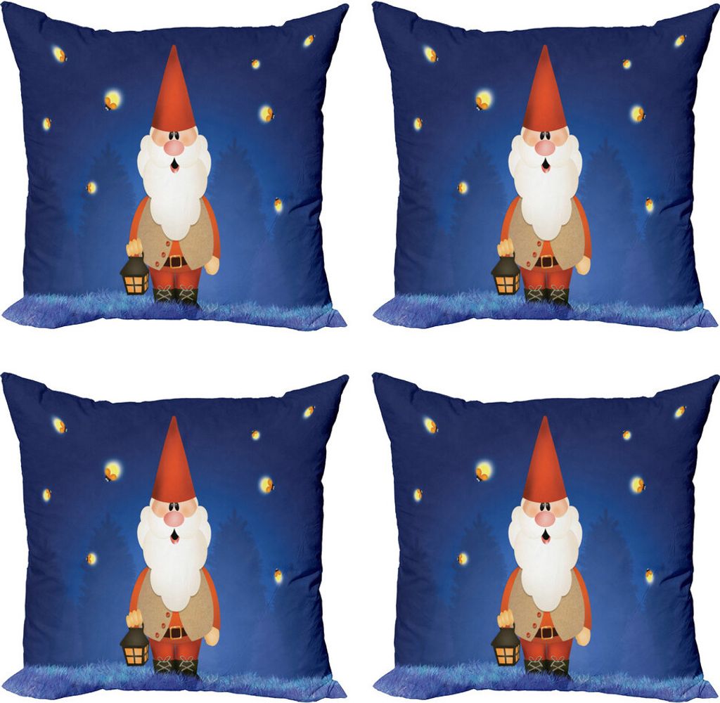 ABAKUHAUS Gnom Kissenbezug Set (4 Stück), Elf in der Nacht mit einer Laterne, Moderner Doppelseitiger Digitaldruck, 60 cm x 60 cm, Marineblau Scarlet
