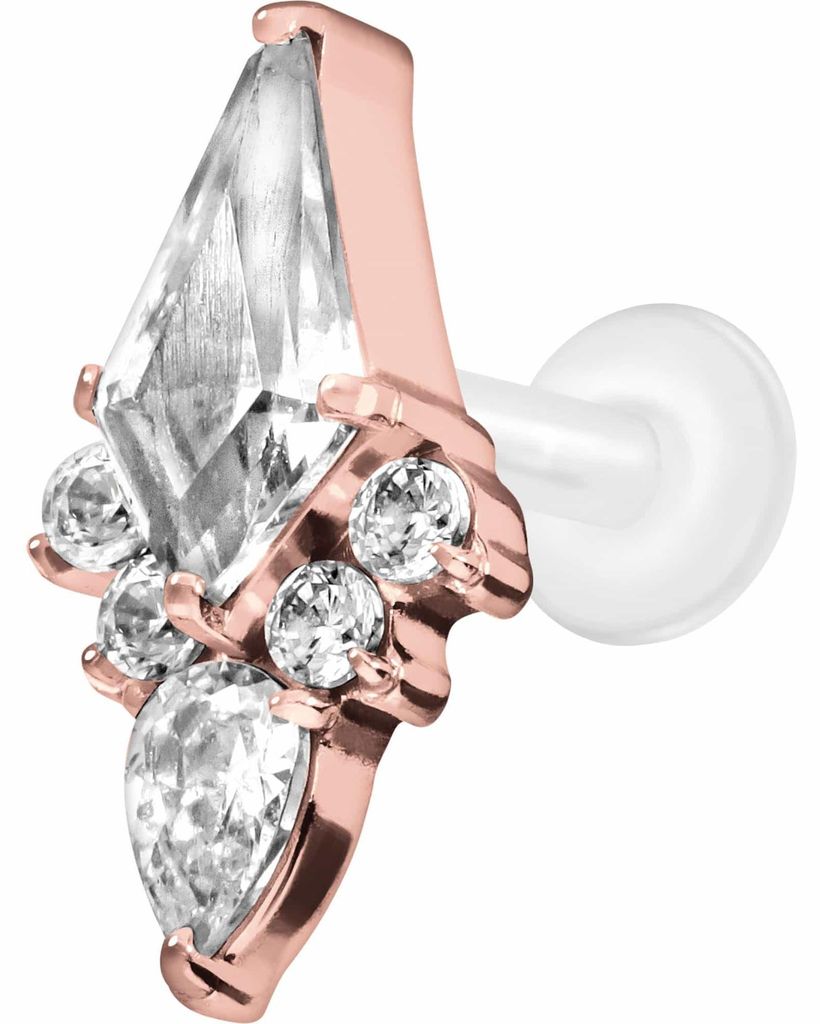 Ohrpiercing, Nasenpiercing PTFE Labret mit Innengewinde + Titan-Aufsatz KRISTALLSCHILD RoséGold Stablänge: 8mm | Stabstärke: 1,6mm