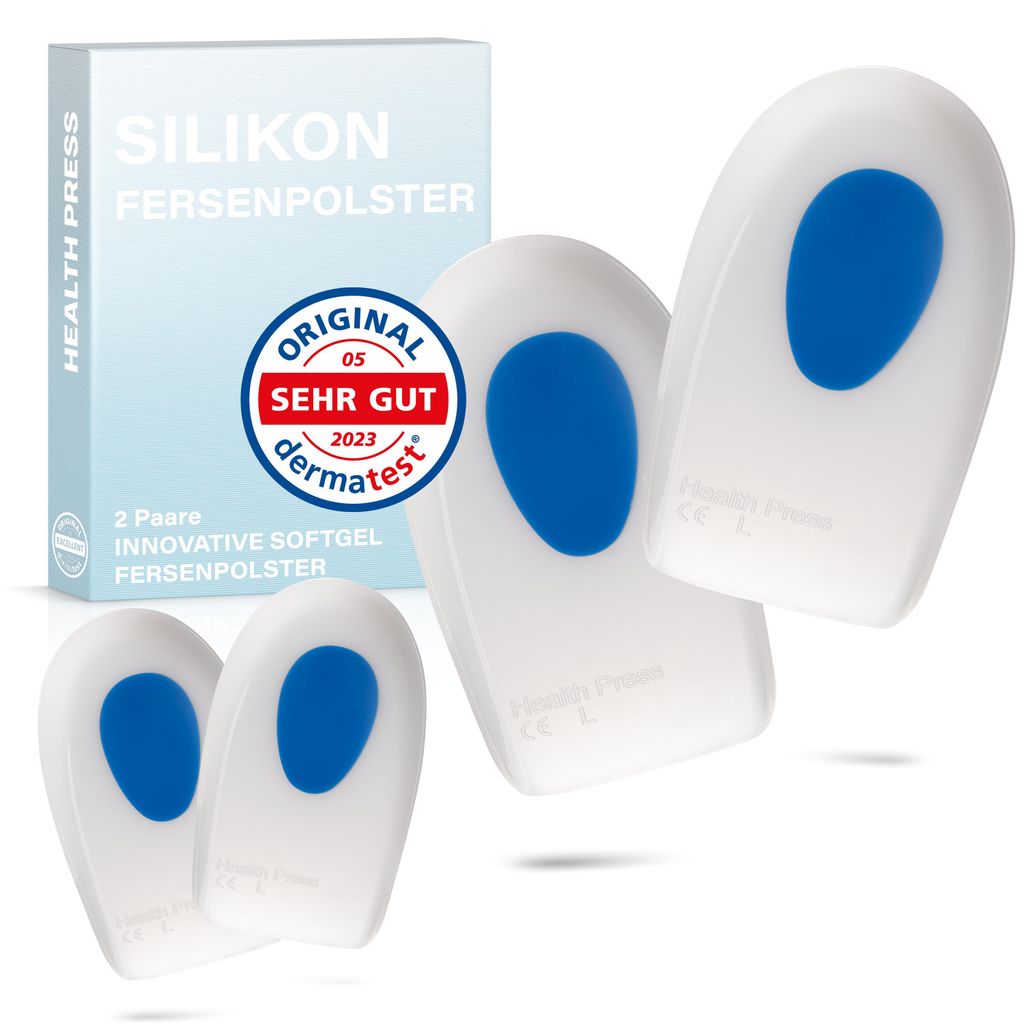 Health Press Silikon Fersenpolster – 2 Paare (4 Stück) Fersenkissen, Größe L – Geleinlagen für die Ferse