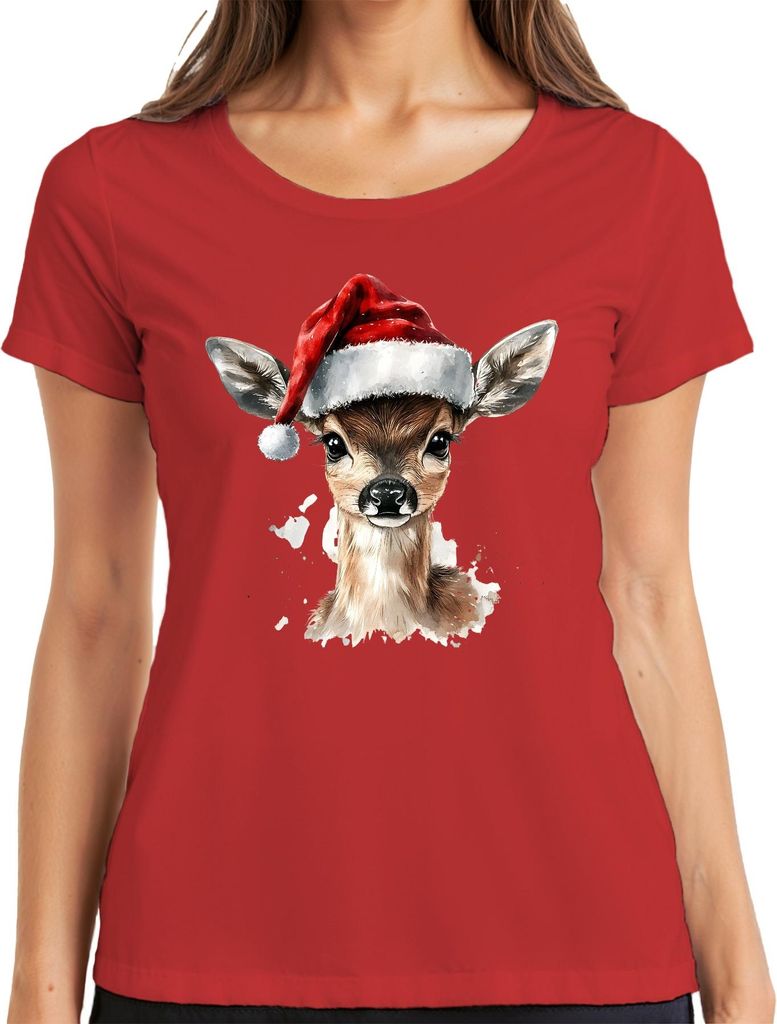 Rehkitz Weihnachten Aquarell süß Geschenk niedlich Santa Damen T-Shirt, Rot, 3XL