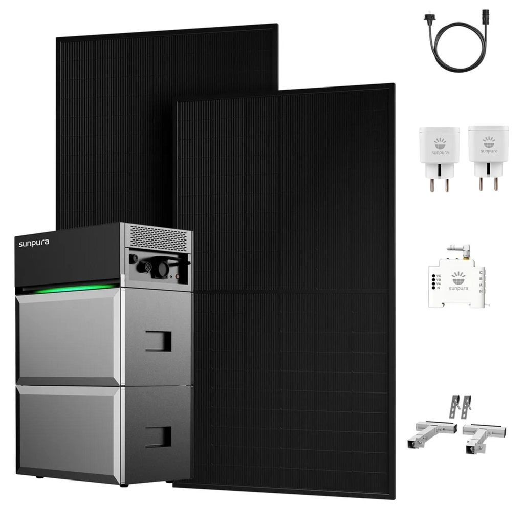 Balkonkraftwerk mit Speicher, Sunpura S2400 mit B2400 Erweiterungsakku, 1000W Solarpanel, Smarter Zähler & 2x Plug, 2x Balkon-Halterung Silber 0% VAT